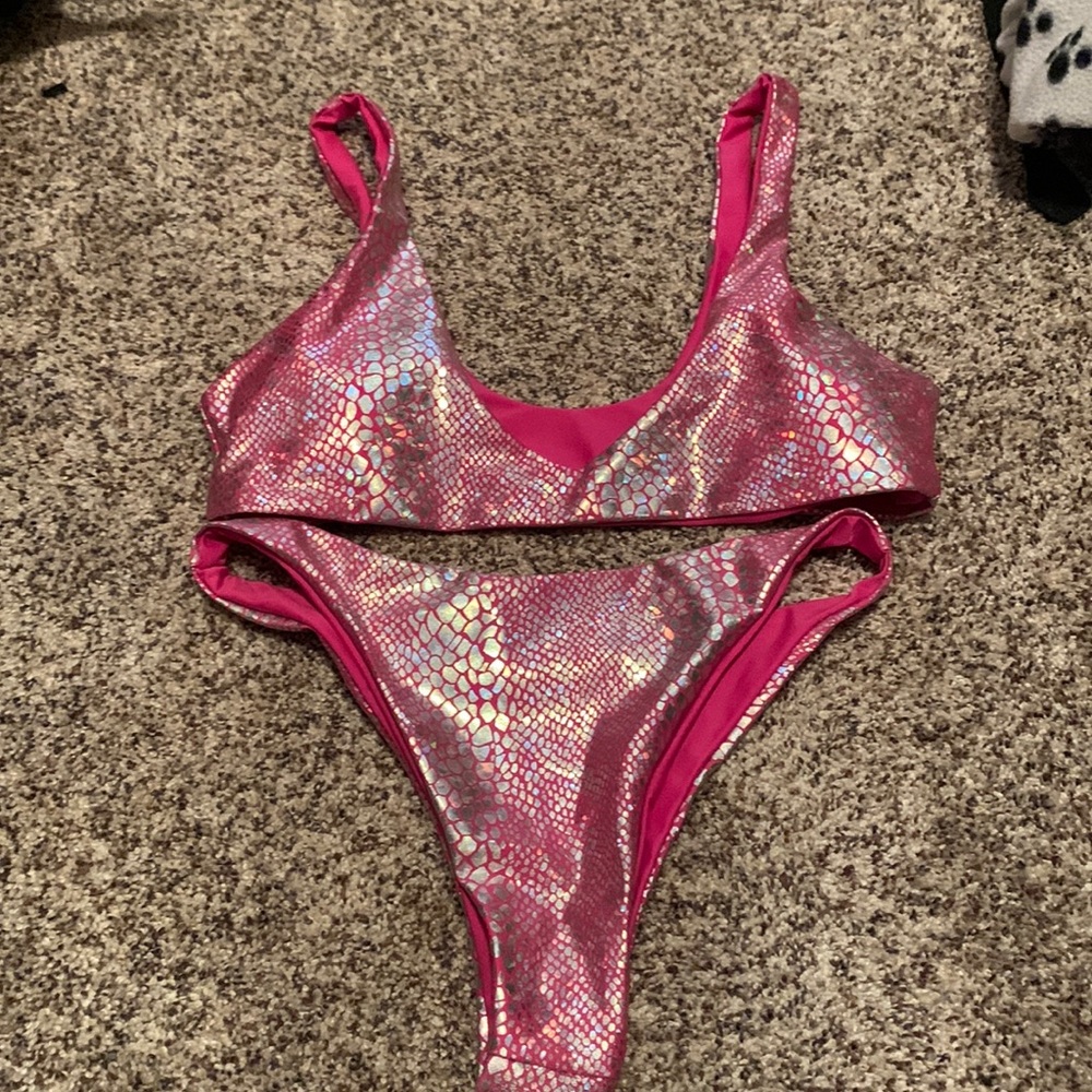 Pink metallic snake print bikini